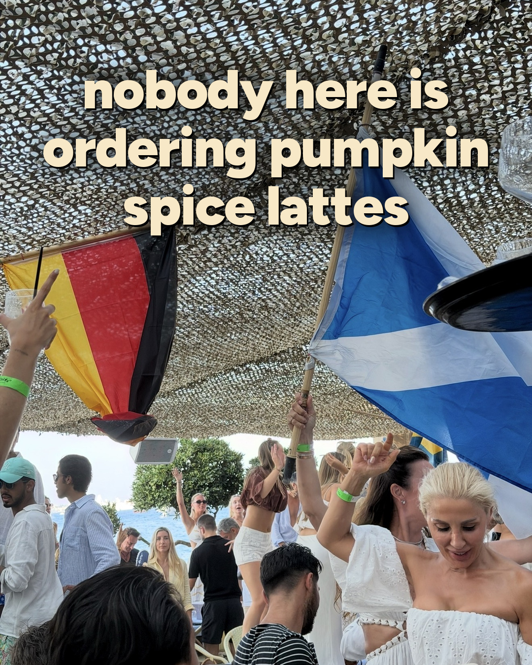 Beach club crowd with flags in the air
